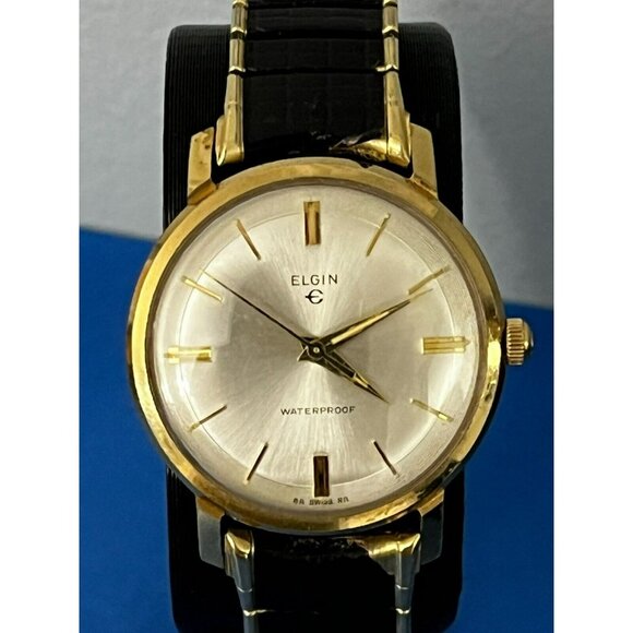Vintage 1960s Mens Elgin Silver & Gold tone Pie Pan Dial Watch in box - Picture 4 of 16